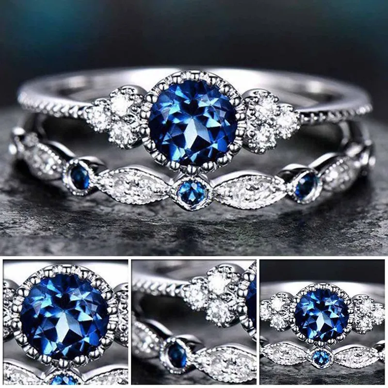 

Luxury Green Blue Stone Crystal Rings For Women Sliver Color Wedding Engagement Rings Jewelry Drop Ship Pour 2Pcs/Set