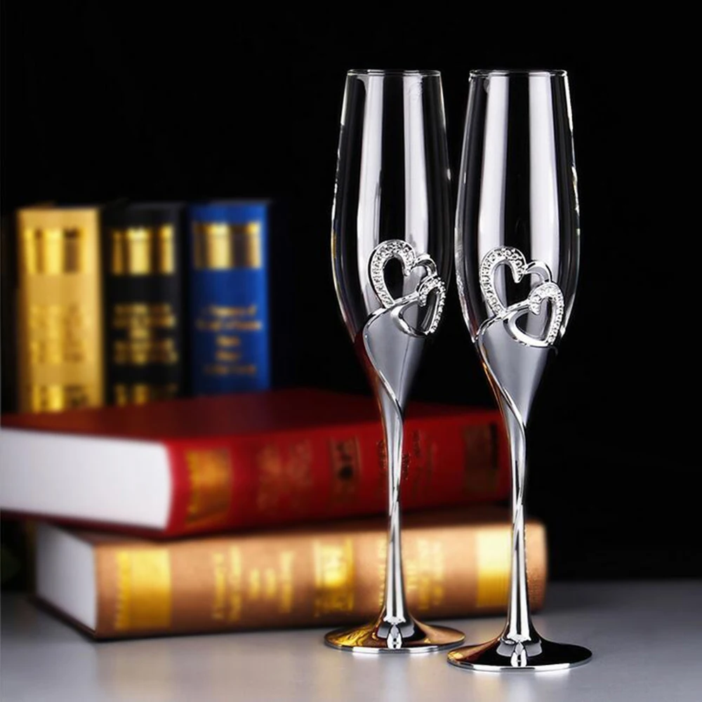 Image NEW 2pcs Set 200ML Long Wedding Champagne Wine Glasses Crystal Silver Plated Toasting Flutes Cup for Party Decoration Gifts