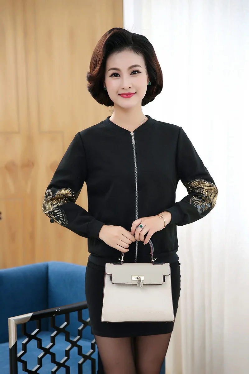 WAEOLSA Womens Casual Bomber Jacket Middle Aged Woman Black Short Coat Embroidery Outerwear Autumn Mother Jacket Zipper Front (7)