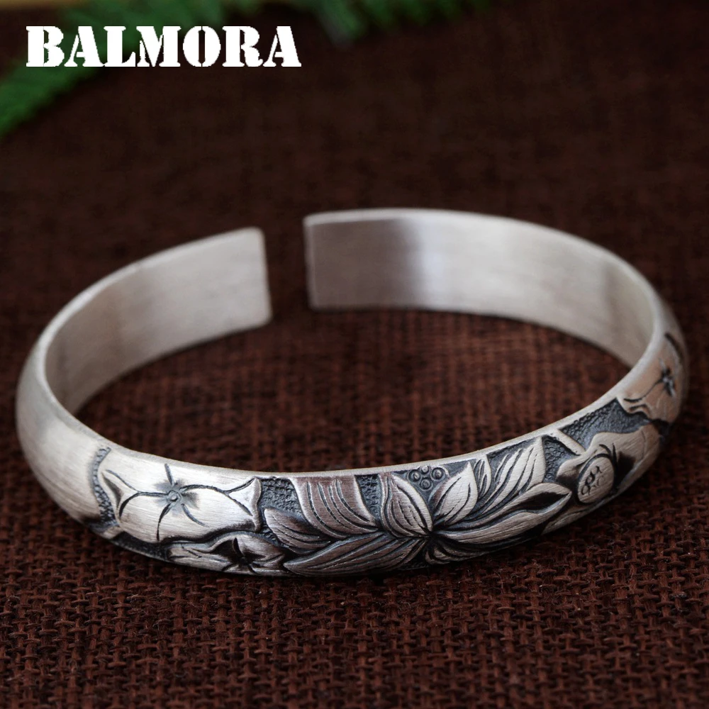 

BALMORA 990 Pure Silver Lotus Flower Open Bangles for Women Mother Gift about 18cm Bracelet Jewelry Pulsera Accessories SZ0491