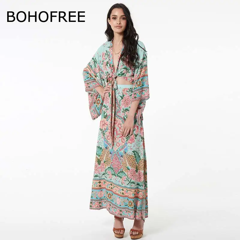 

BOHOFREE 2018 Bohemian Holiday Dress Lotus Floral Print Vestidos Femme Set Wear Cardigan Top Dress Boho Chic Maxi Dress