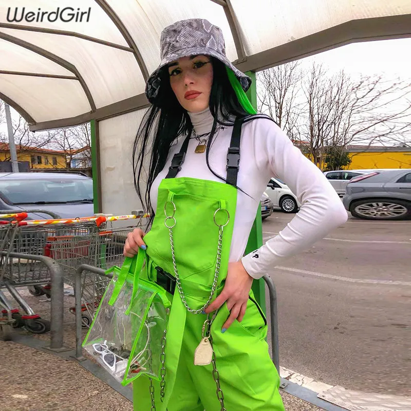 Weirdgirl النساء داخلية الكتف الأشرطة حزام جيب الصلبة الأخضر حللا رومبير فام السراويل الشارع الشهير الأزياء عارضة جديد