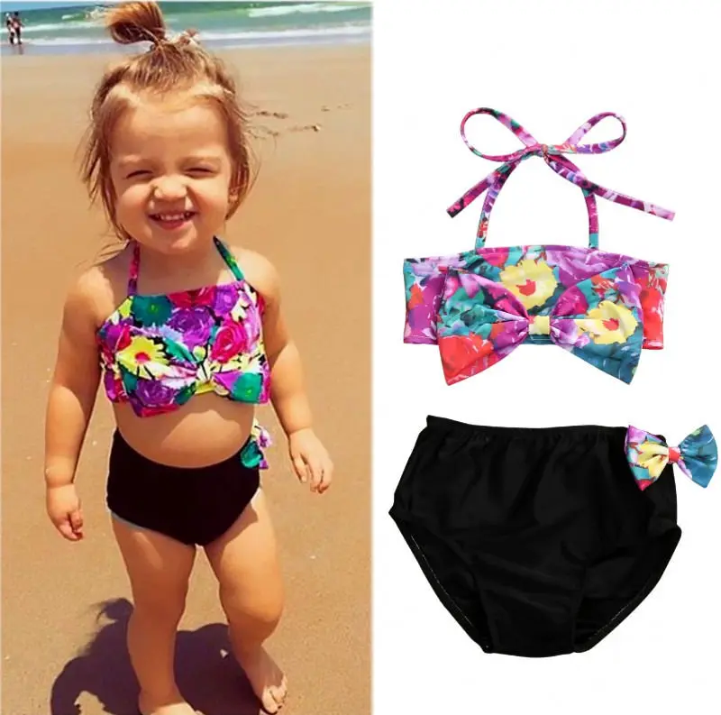 

2017 Adorable Belt Baby Girls Two-Piece Suits Floral Print Bowknot Swimsuit Swimwear Tankni Bathing Suit Bather Beach Outwear