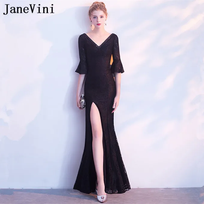 JaneVini Vestidos винтажное кружевное платье с бусинами для матери невесты черные вечерние платья с высоким разрезом в стиле русалки с рукавами Vestido Noite