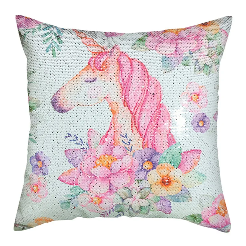 Double Side Printed Sequins Pillow case Reversible Unicorn Pattern Cushion Cover Sofa Waist Animal Throw Pillow Cushion Cover