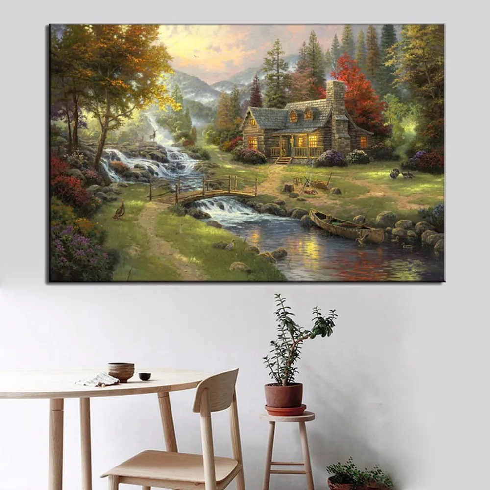 Современная Настенная живопись лес каменный дом в закате пейзаж картина маслом Печать на холсте природный пейзаж настенная художественная картина