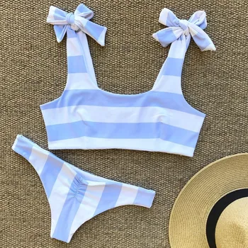 

Melphieer Swimwear Women Bikini 2018 Swimsuit Sexy Blue White Bikinis Maillot De Bain Femme Striped Bathing Suit Women Biquini