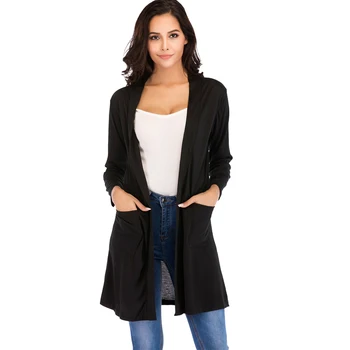 

FLORATA Open Front Knitted Cardigan Autumn Korean Women Loose Long Sleeve Solid Color Pocket Design Sweater