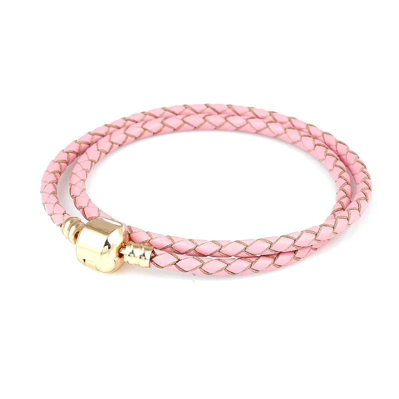 Plated gold Pink Double Loop Leather Charm Bracelet Chain Charms DIY