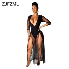 Черно-белые сетчатые вечерние платья в стиле пэчворк, женское пляжное длинное платье с глубоким v-образным вырезом и рукавом 3/4, летнее двустороннее облегающее платье с высоким разрезом