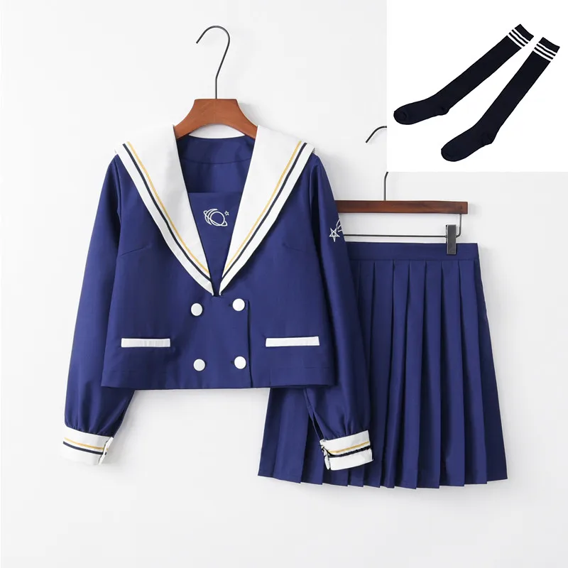 Новое поступление синий японский JK наборы школьная форма Япония звезда Вышивка Осень старшеклассницы женские новые костюмы униформы моряка - Цвет: Long Set With Socks