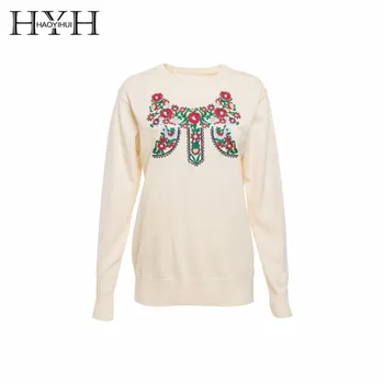 

HYH HAOYIHUI Solid Color Floral Embroidery Women Basic Pullover O-neck Sweater Long Sleeve Casual Loose Autumn Cotton Sweater