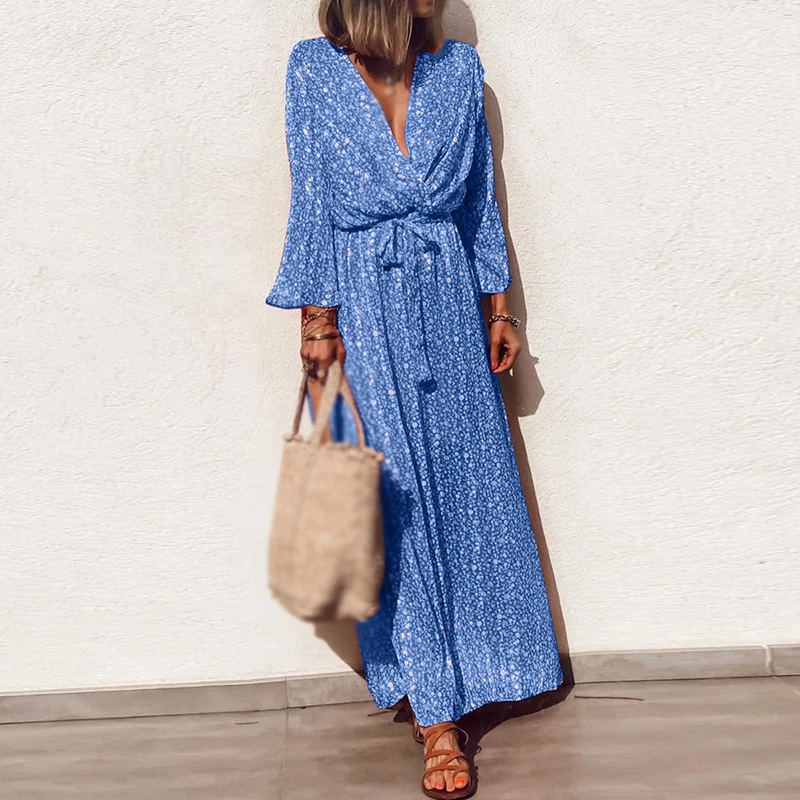 

Print Floral Women Dress Ladies Beach Maxi Stylish Party Loose Boho Holiday V Neck Belt Swing A-line Long Dress XL~4XL