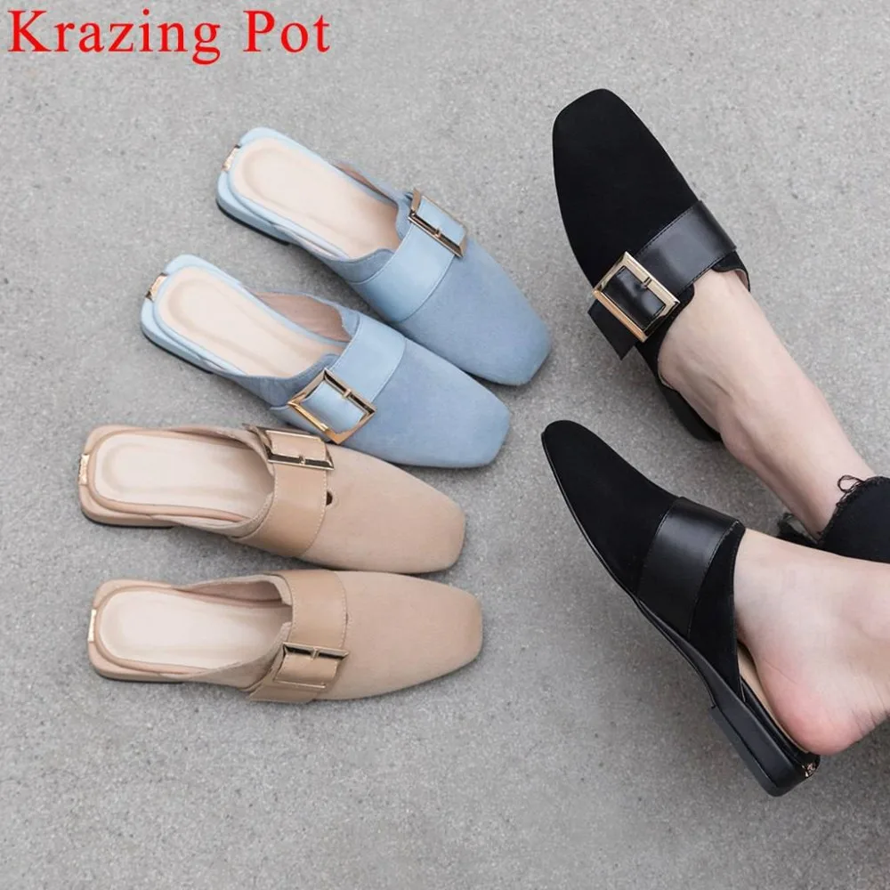 

Krazing Pot full grain leather slip on mules buckle design pretty girls simple style low heels superstars lazy women pumps L8f2