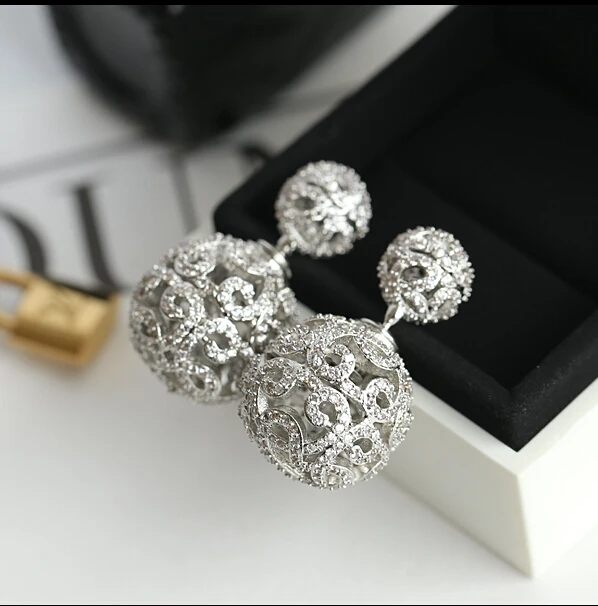 925 Серебряный Роскошный топ AAA кубический цирконий Прозрачный камень большой шар серьги гвоздики для женщин