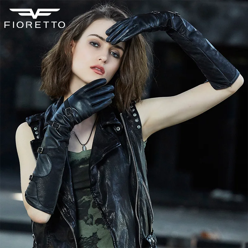 Женские перчатки fioreto черные зимние из натуральной кожи на ремешке|long genuine leather