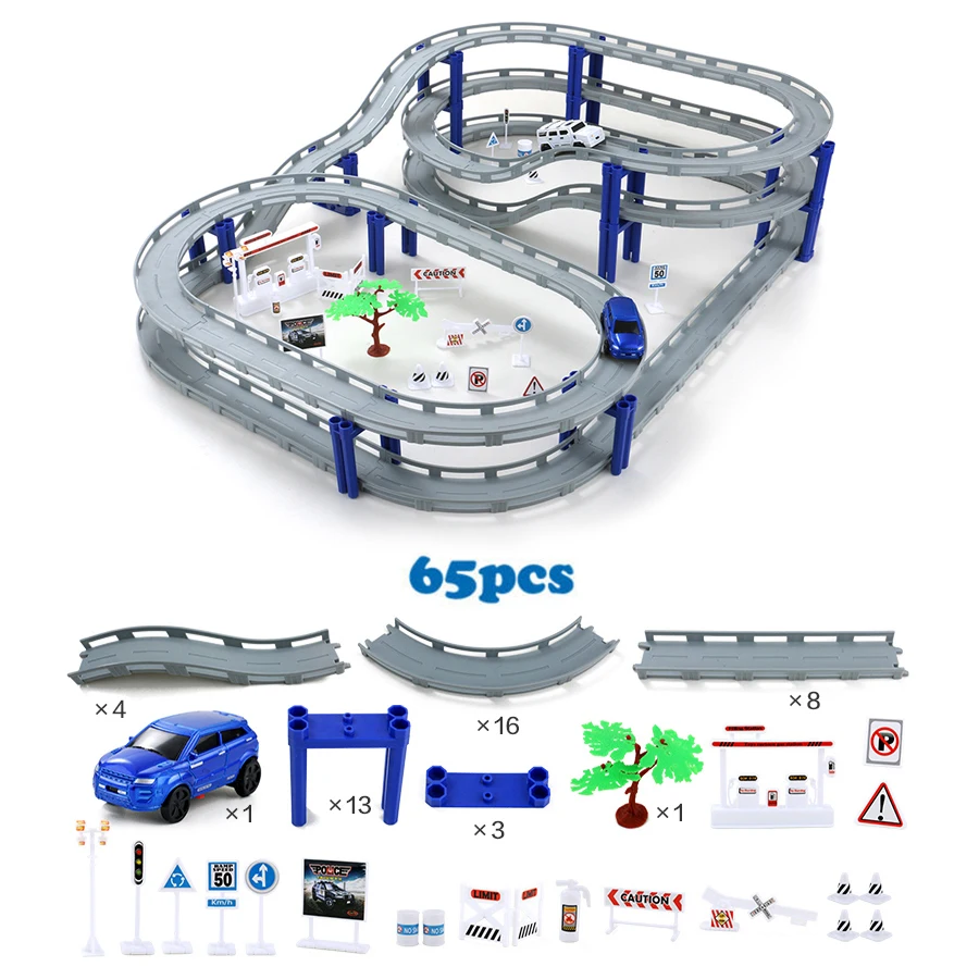 3 стиля гоночная дорога Электрический поезд трек автомобиль мост железная дорога гоночный трек игрушка шоссе проездной транспорт строительные наборы - Цвет: 65PCS