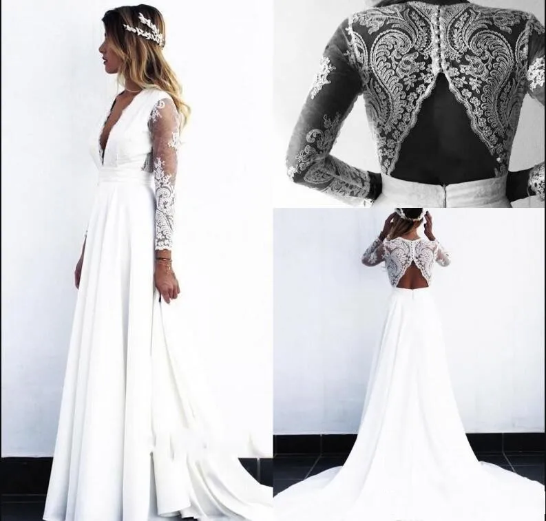 Robe de mariee элегантное пляжное свадебное платье Бохо сексуальное кружевное платье с глубоким v-образным вырезом и длинными рукавами Vestido de Noiva Свадебные платья из шифона