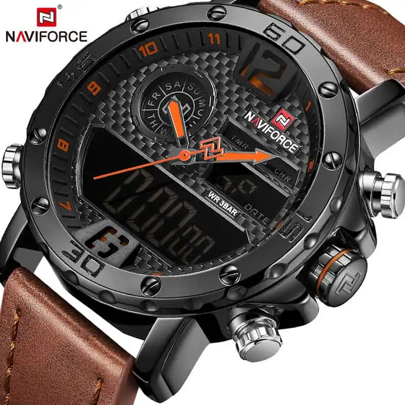 Мужские часы люксовый бренд Мужские кожаные спортивные часы NAVIFORCE Мужские кварцевые светодиодный цифровые часы водонепроницаемые военные наручные часы