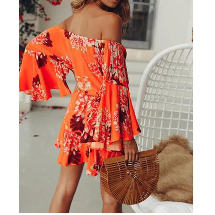 2019 Women Off Shoulder Boho Palysuit Floral Beach Summer Short Jumpsuit Flare Sleeve Sexy Casual Romper 2019 Women Off Shoulder Boho Palysuit Floral Beach Summer Short Jumpsuit Flare Sleeve Sexy Casual Romper