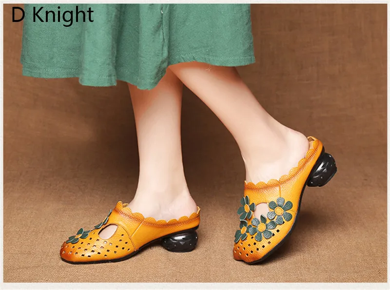 Genuine Leather Women Half Slippers Slip On Outdoor Med Heel Shoes Women Comfortable Slides Woman Driving Loafer Female Footwear (8)