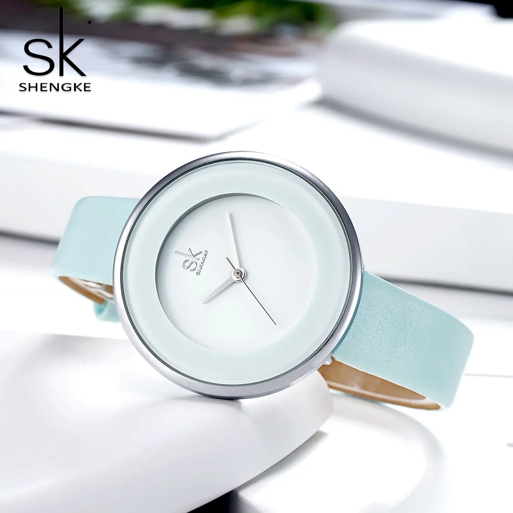 Shengke Брендовые женские часы Skyblue женские часы кожаный Простой Циферблат Водонепроницаемые кварцевые роскошные женские наручные часы Reloj Mujer