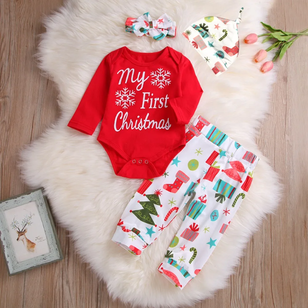 

Baby Girls Long Sleeve Letter Romper + Xmas Print Trousers + Hat + Headband 4Pcs Suits Christmas Party Infant Clothing Sets