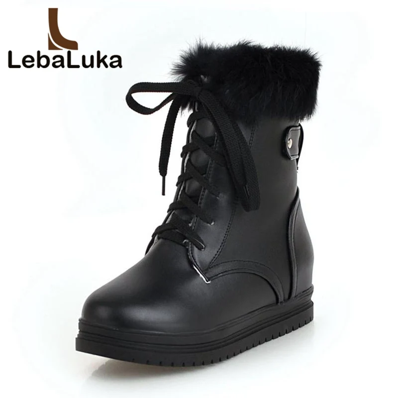 

Tuyoki Women Plush Fur Mid Calf Boots Lace Up Winter Shoes Woman Inside Heels Snow Boots Thick Sole Warm Shoes Size 34-43