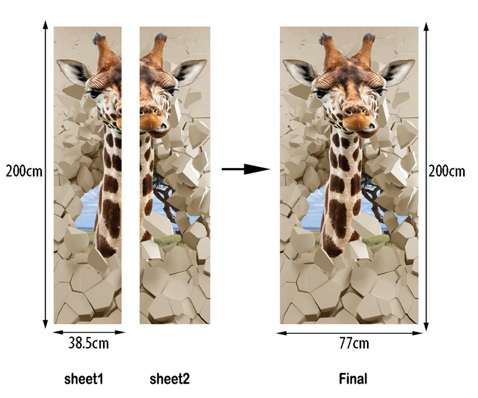 Мультфильм Жираф Наклейки на дверь для дома украшения двери ремонт животных Vivd 3D самоклеющиеся настенные наклейки на двери обои