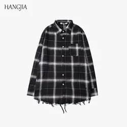 [Hangjia] Винтаж плед рубашки с длинными рукавами прилив бренд для мужчин 2018 Новый черный/белый красивый нерегулярные Обрезанные свободн
