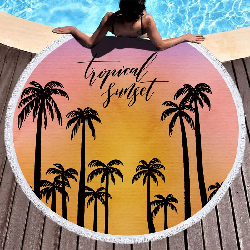 

Hot 150CM Round Coconut trees Print Bath Towels Microfiber material Beach Towels Fashion Tassel Shawl Picnic mats multiple uses