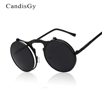 

2019 CandisGy Classic Men Round Flat Coating Sunglasses Fashion Male luxury Gold Frame Open Lens Sun Glasses Oculos De Sol