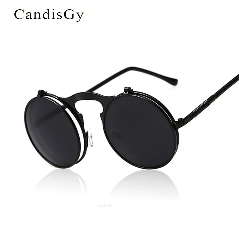 

2019 CandisGy Classic Men Round Flat Coating Sunglasses Fashion Male luxury Gold Frame Open Lens Sun Glasses Oculos De Sol