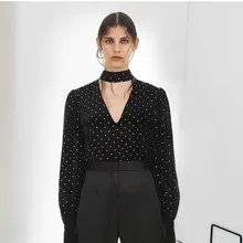 Новая черная бархатная тонкая футболка с длинным рукавом, осеннее пальто F1052 с v-образным вырезом