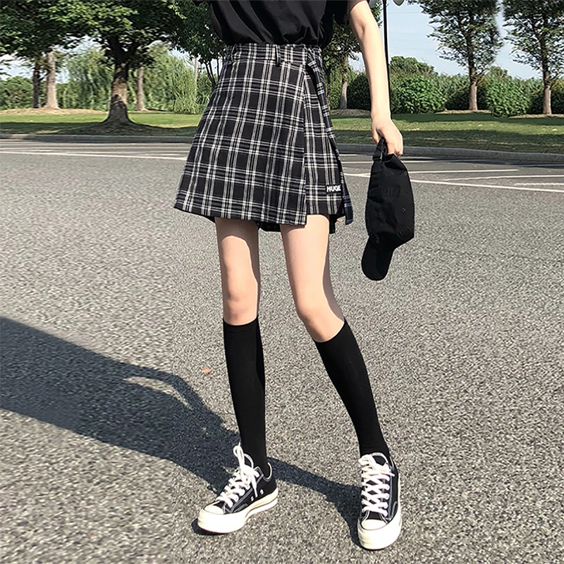 

Women Summer Fashion Brand Korea Style Vintage High Waist Plaid Letter Print Short Skirt Female Student Casual A-line Skirts