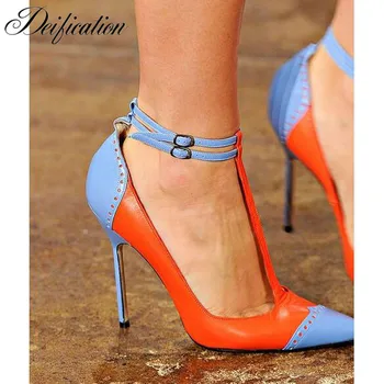 

Deification Sexy T-Strap High Heels Fashion Mixed Colors Real Leather Runway Wedding Shoes Woman Fretwork Outfit Sapato Feminino