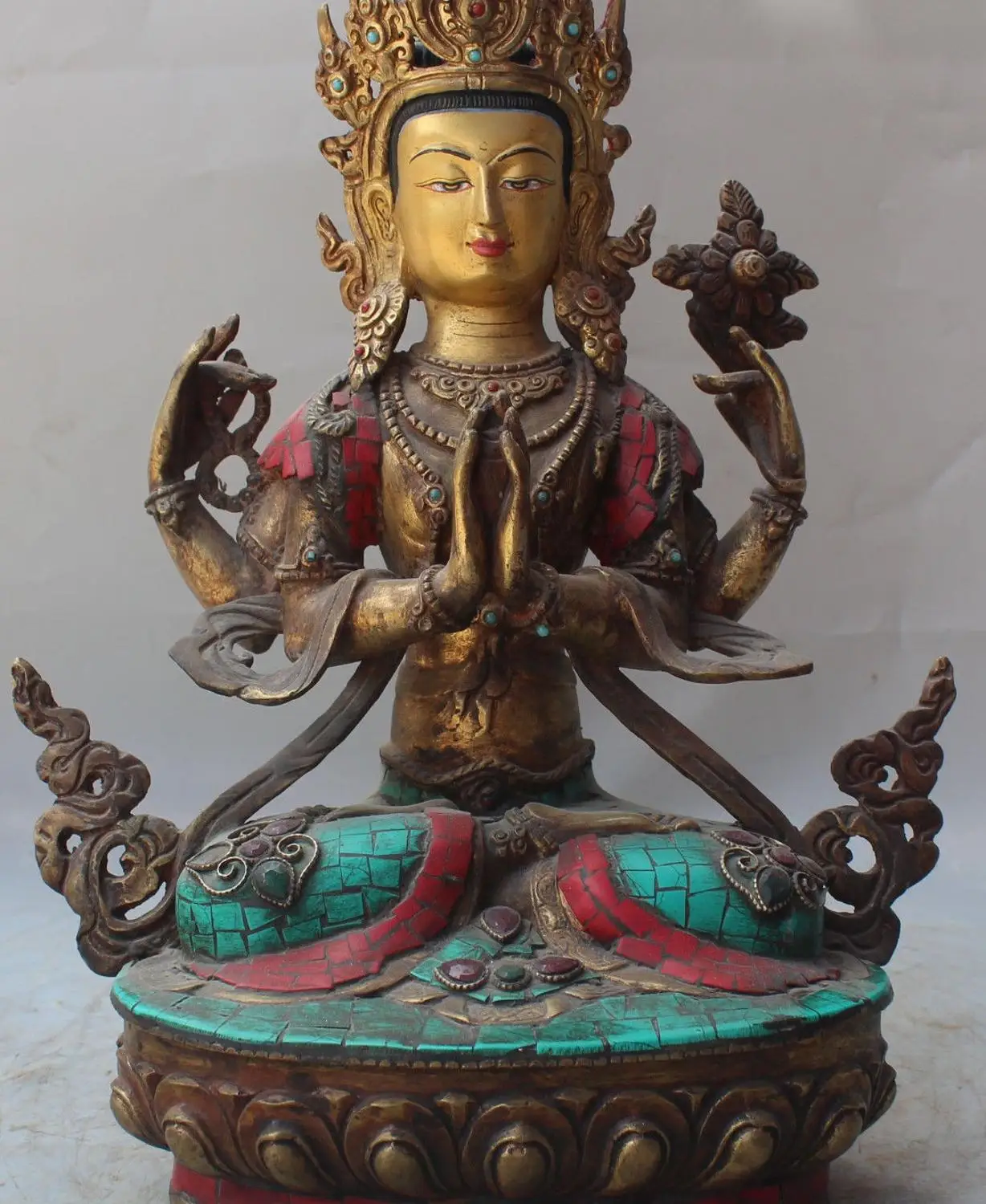 

Tibet Buddhism Turquoise Coral Inlay Gems 4 Arms 4 Hand Chenrezig Buddha Statue