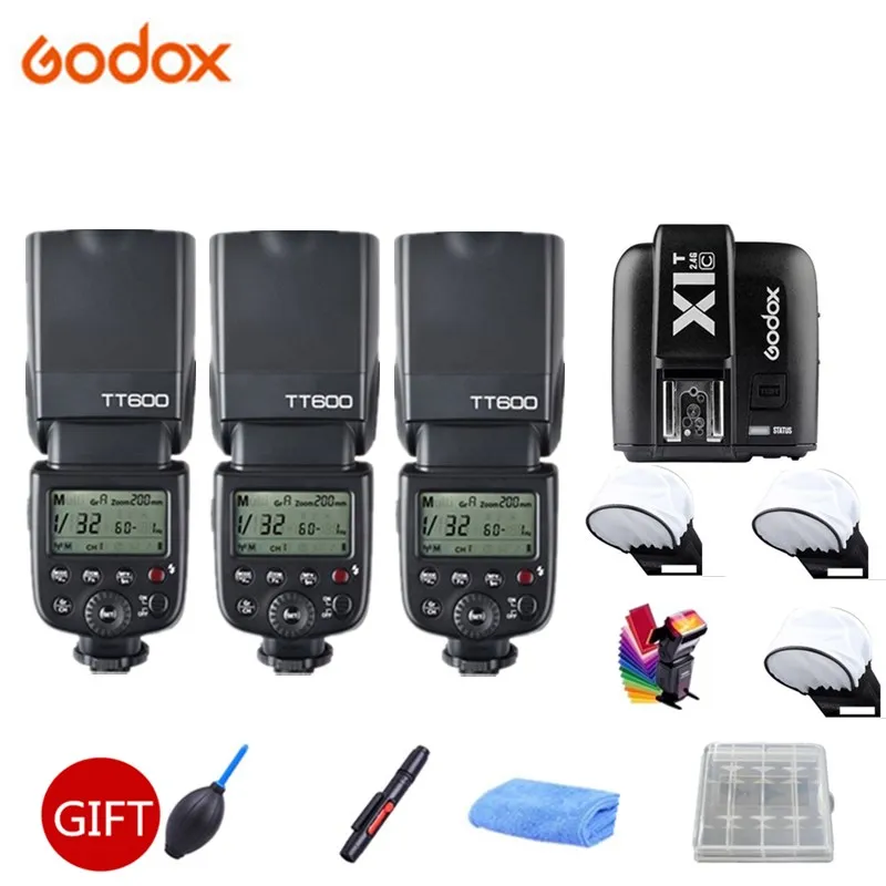 3x Godox TT600 камера вспышка 2,4G Беспроводная X СИСТЕМА HSS Speedlite для камеры Canon s+ X1T-C передатчик+ софтбокс+ подарочный комплект - Цвет: Белый