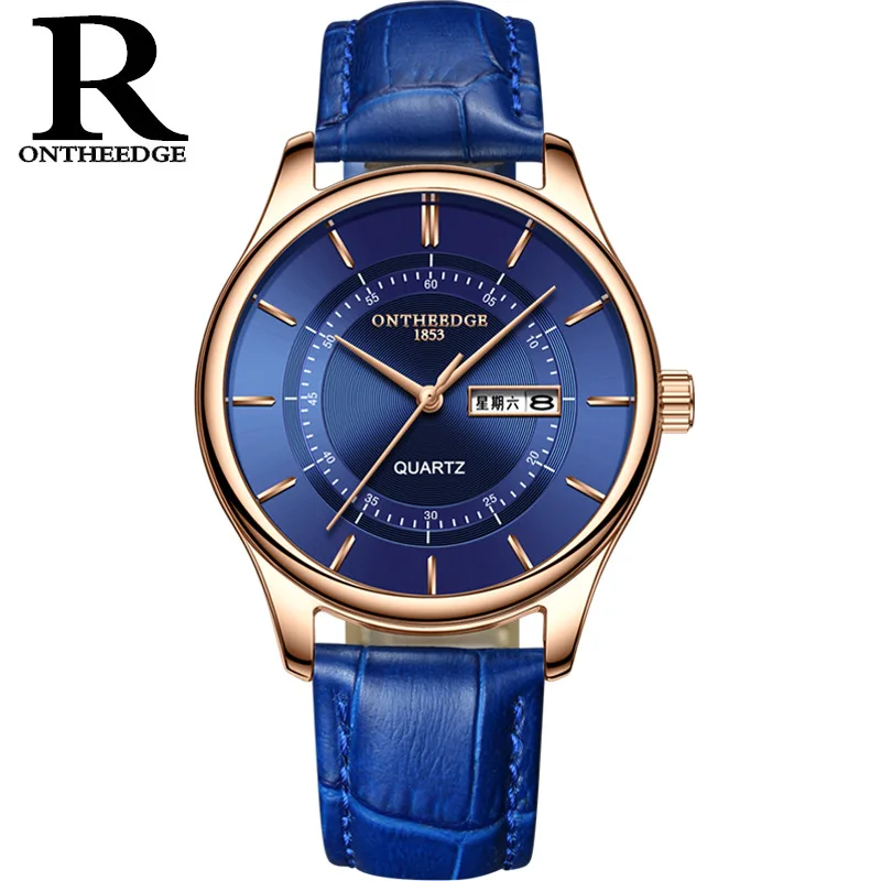 

business mens genuine leather wristwatches quartz waterproof fashion blue calendar man watches ontheedge brand male clocks