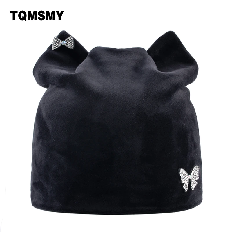 Winter hats for women beanies Cute bow ornament Cat bone girls Lovely beanie Ladies Russia gorros Flannel Soft Autumn Caps woman