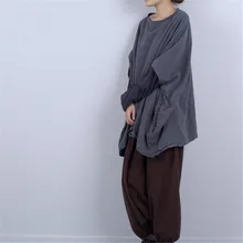 Для женщин большой размер, свободного кроя с круглым вырезом длинная футболка Демисезонный леди Винтаж хлопковые пуловеры в стиле ретро рубашка с длинными рукавами линии разнотканные Топы