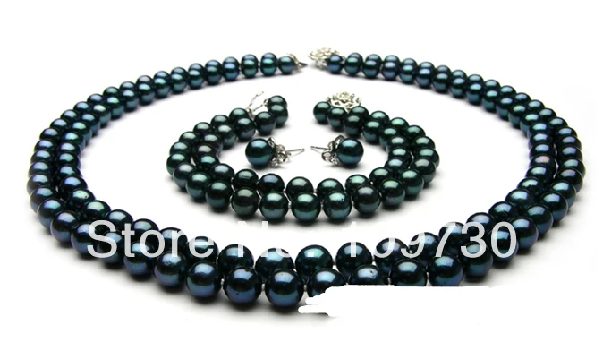 

Jewelry 00658 18" AAA round black Freshwater Pearl necklace 8" braclet earrings jewelry set (A0513)