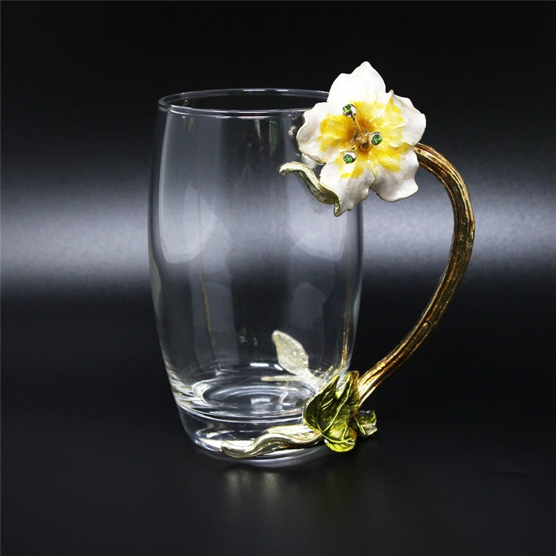 KEYTREND Creative Glass Mug with Flower Color Enamel Alloy Handgrip