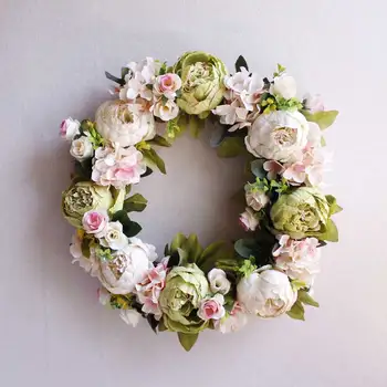 

40cm Round Artificial Peony Flower Wreath Ivory/Blue/Rose Silk Flowers For Wedding Decoration Door Ornament Quality Fake Flower