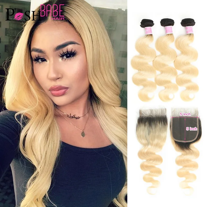 

POSH BABE Blonde Ombre Colored Bundles with Lace Closure,5x5 Closure with Weft 1B 613 Body Wave Remy Brazilian Hair Weave Bundle