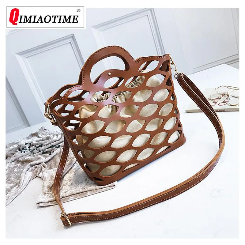 

Brand 2018 New Ms. Drawstring Tote Handbag Fashion Mesh Hollow Design PU Canvas Bag Mother Two Packages Shoulder Messenger Bag