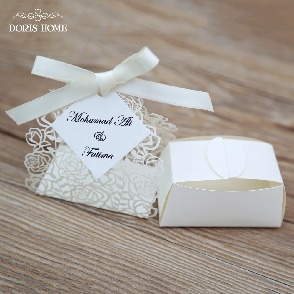 100pcs Cream Rose Laser Cut Wedding Favor Boxes Wedding Candy Box Casamento Favors And Gifts