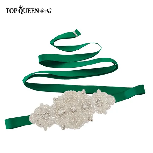 Green TOPQUEEN S406 ручной работы пояса с бисером для платья свадебные Румяна пояс невесты Хрустальный жемчужный пояс Западные Пояса с бисером - Цвет: Green