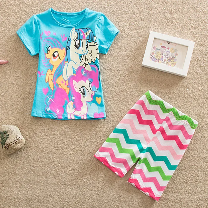 Летняя коллекция года одежда для сна для малышей с принтом из мульфильма "Моя маленькая пони" Одежда для девочек Детские хлопковые пижамы костюмы из футболки и шортов