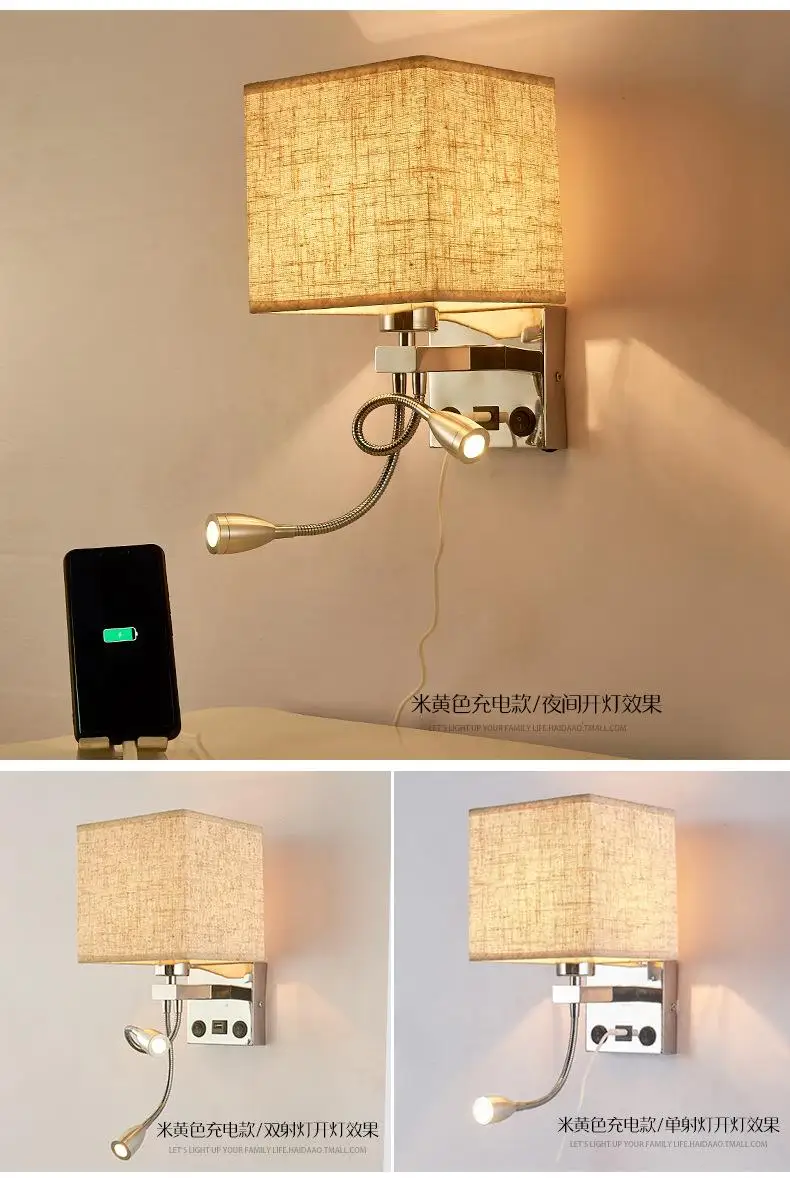 Современный светодиодный для помещений настенный светильник прикроватный спальня аппликация бра с переключателем USB E27 лампа Интерьер изголовье дома отель настенные светильники